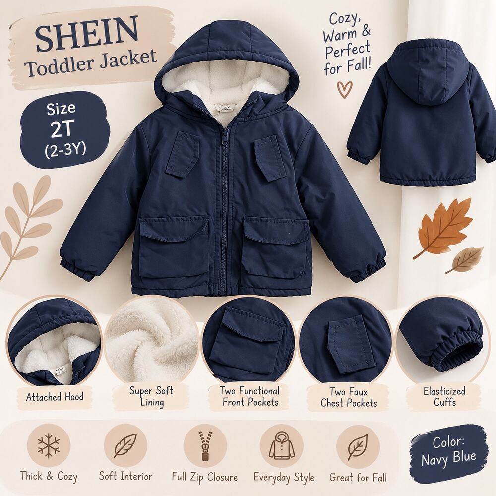 SHEIN Toddler Navy Blue Utility Jacket 2T | Soft Lined Hooded Fall Coat